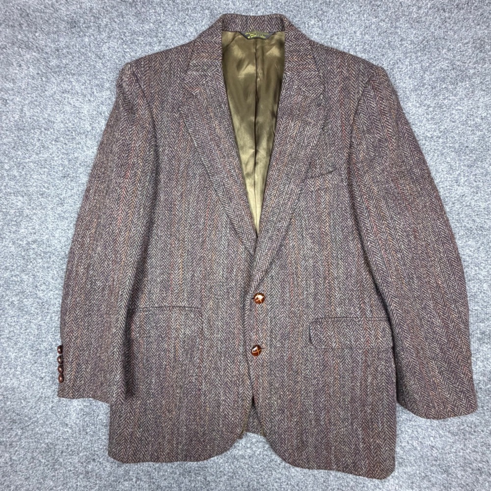 Harris Tweed 42R Sport Coat Blazer Brown Herringbone 100% Wool USA